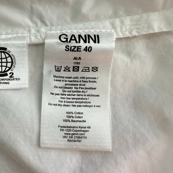 Ganni Puff Sleeve Wrap Top Women Size 40 US 10 Bright White Poplin V-Neck Cotton - Picture 8 of 10